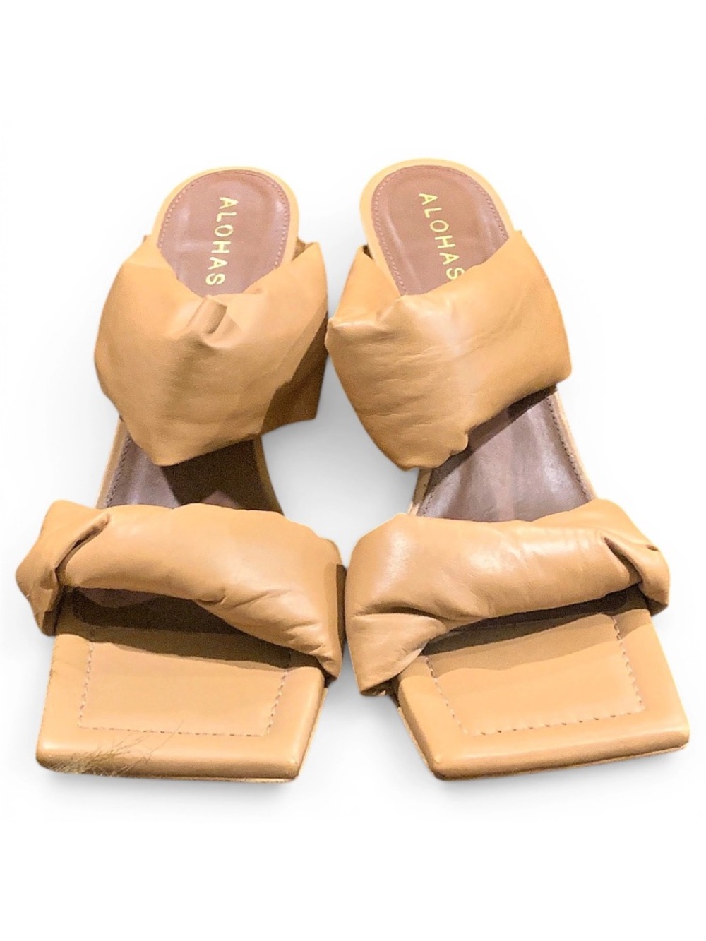 Alohas Puffy Twist Strap Sandals Camel Vegan Leather Square Toe Heels 40